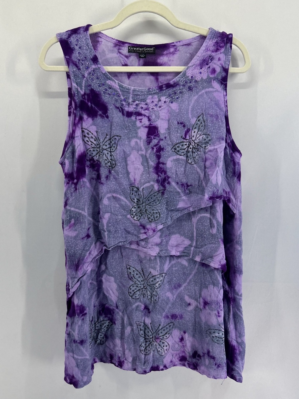 Butterfly Purple Tie Dye Sequin Tiered Layered Sleeveless Blouse L/XL 100% Rayon